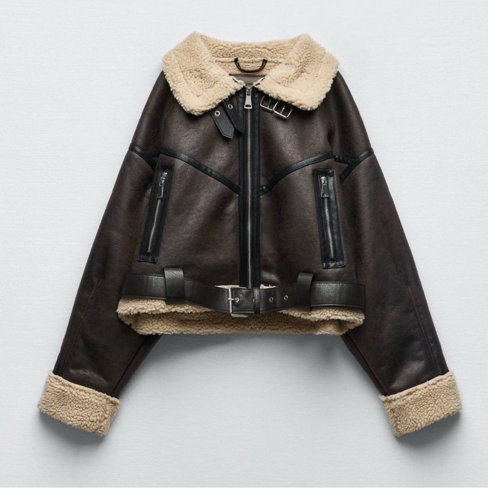 Zara Brown Leather Jacket with Cream Accents